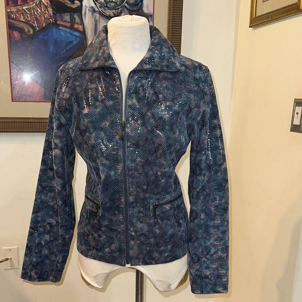Chico’s Jacket -100% Leather Blue Snakeskin Pattern Size 1 (Medium)
